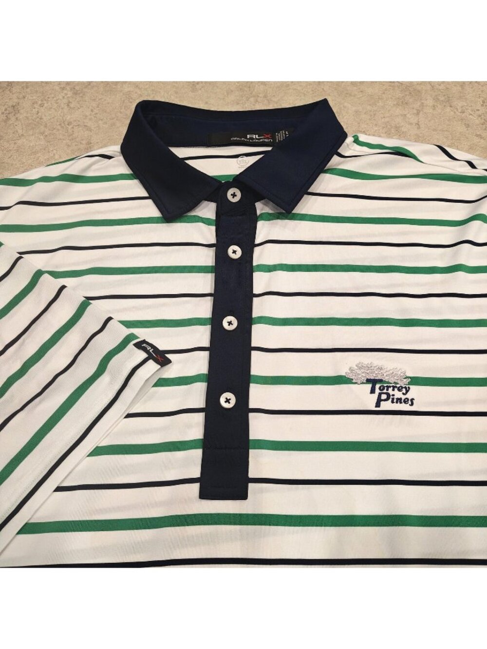 RLX Ralph Lauren Torrey Pines Polo Shirt Mens L White Green Striped Golf Stretch